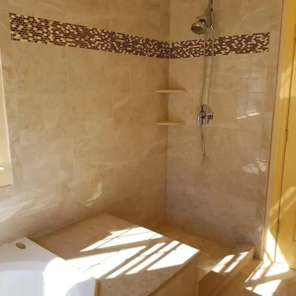 Porcelain and mosaic bathroom tile installation in a Maryland home